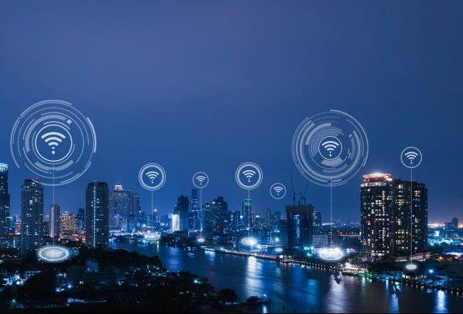 Cityscape with connecting dot technology of smart city conceptua